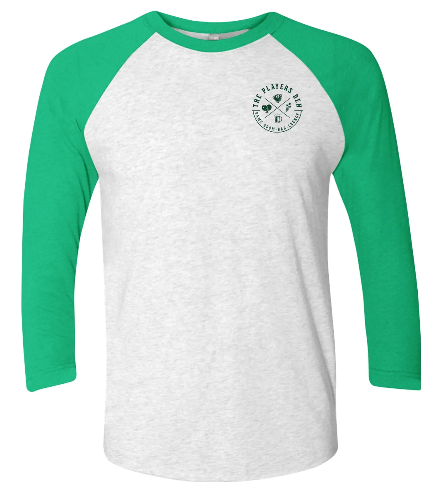 Next Level Unisex Tri-Blend Three-Quarter Sleeve Raglan Tee Envy Sleeves/ Heather White Body with Players Den